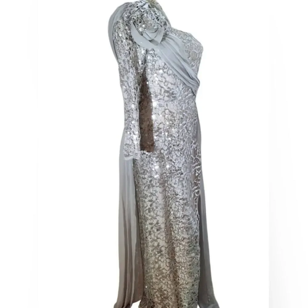 Elegant 80’s Style Silver Sequin One Shoulder Evening Gown Chiffon & Rose M - Picture 4 of 8